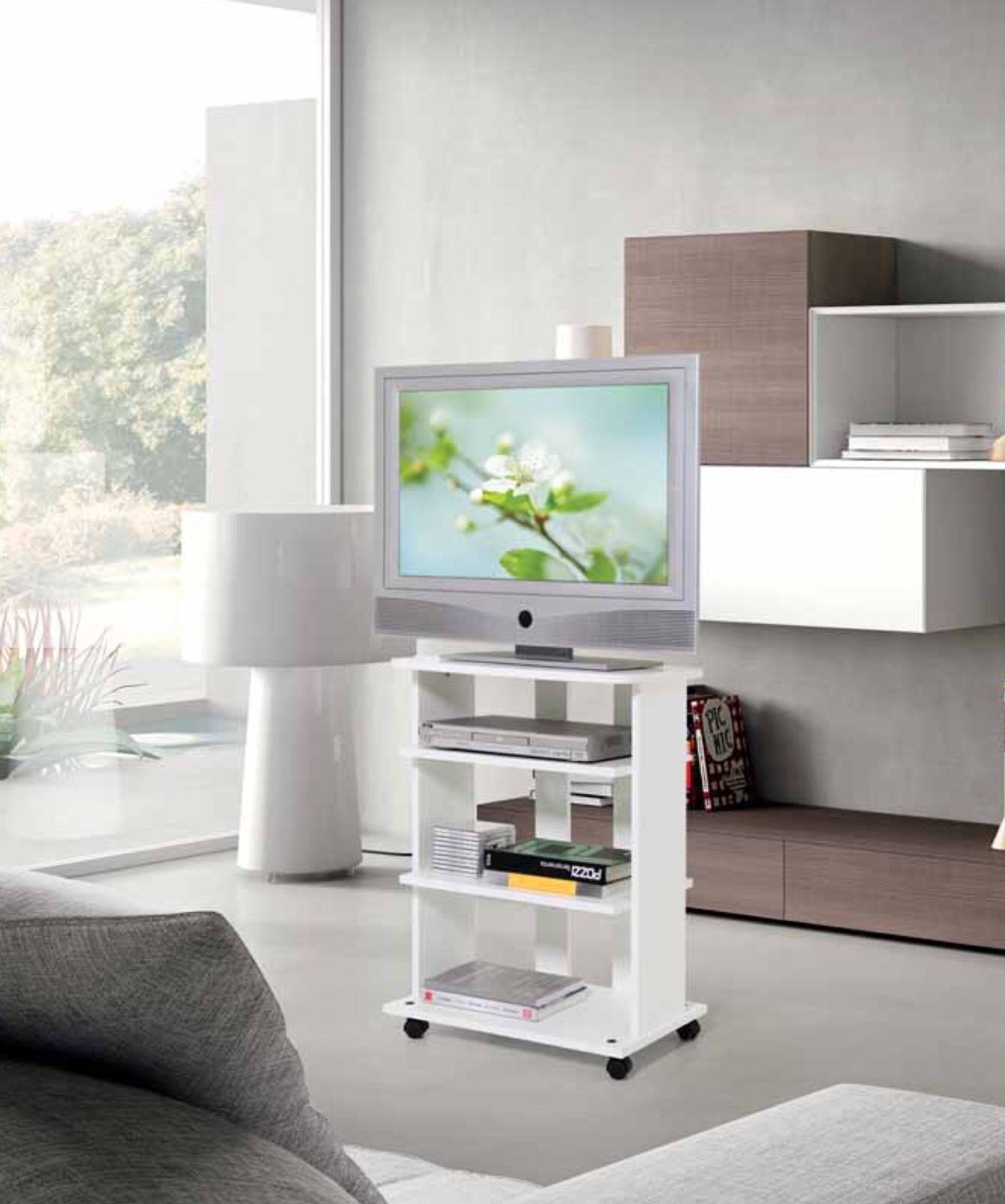 Carrello Porta TV con Ruote Bianco Mobile basso in legno Moderno con  scomparti